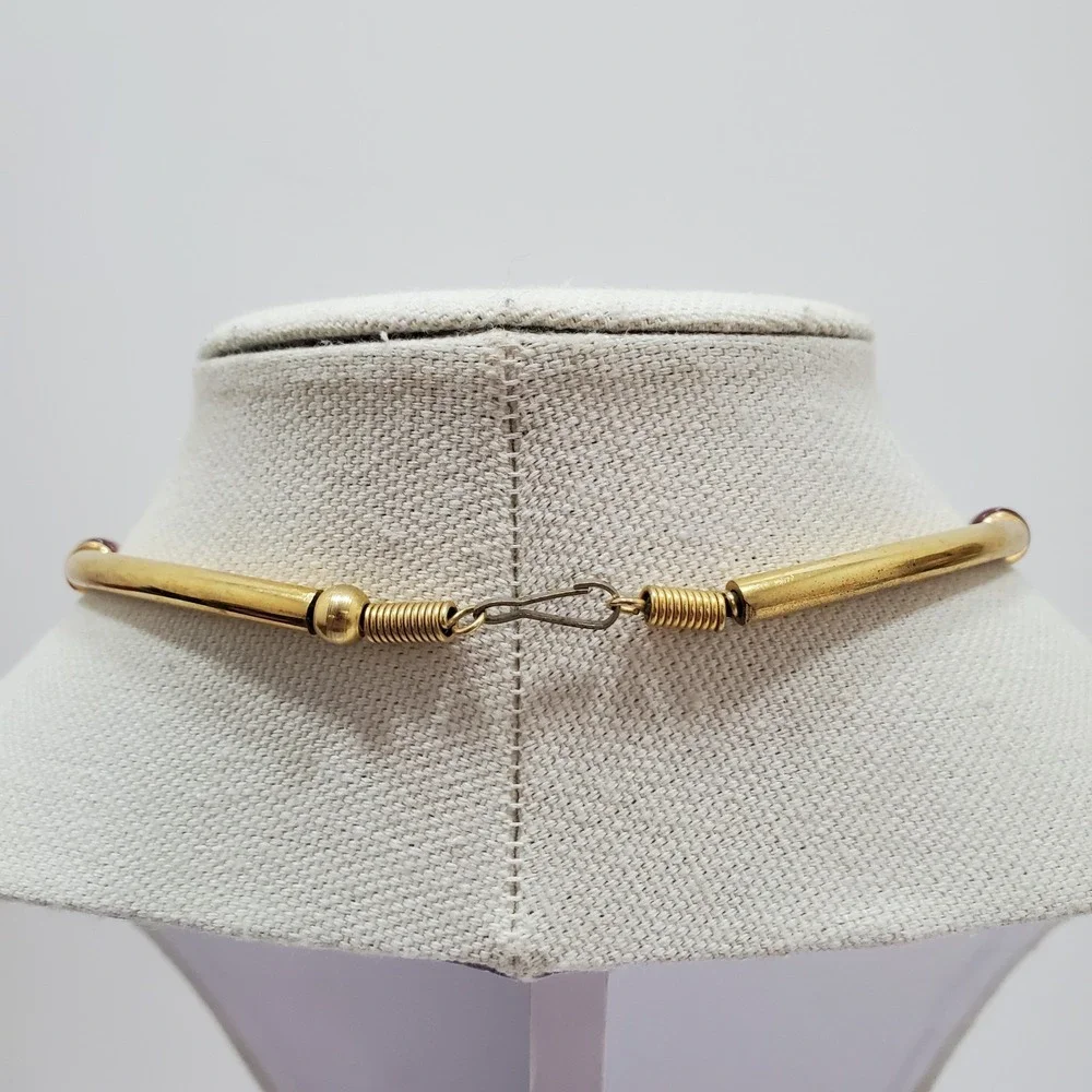 Vtg Omega Style Statement Choker Necklace Goldtone Clay, Metal & Glass Beads